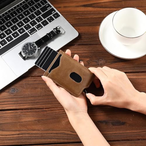 Slim Smart Mens Wallet Minimalist Genuine Leather Card Holder Cash Card Back Belt Wallet RFID Blocking Pop Up Aluminum Case Credit Card Wallet (M-Light Brown)2