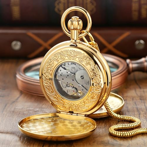 Image of Men's Mechanical Pocket Watch with Chain, Vintage Full Copper Hand-Wind Second&24hours Sub-dials Pocket Watches for Men with Box