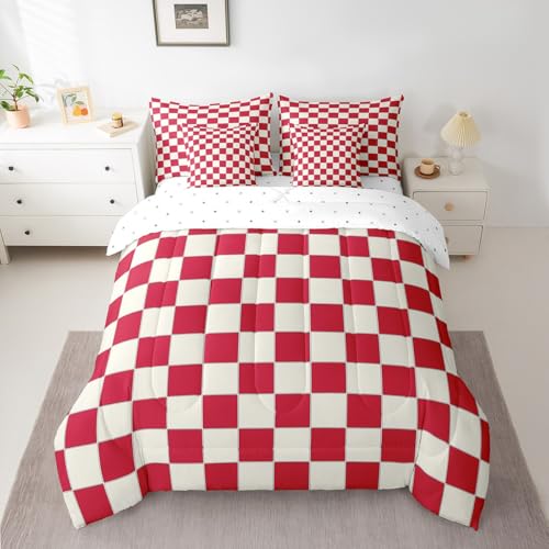 Image of Erosebridal Plaid Queen Comforter Set 7 Piece Beige Red Checkerboard Bed in A Bag with Sheets Geometric Checkered Bedding Set for Kids Boys Girls,Aesthetic Grid Bed Set