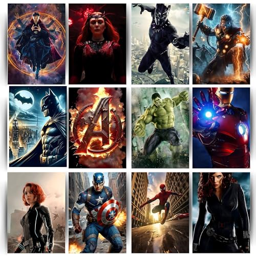 Image of Posters Inc Set of 12 Marvel Heroes Posters for Wall, Home Decoration Items for Living Room, Aesthetic Wall Stickers for Bedroom, Birthday Gift for Men, 300 GSM A4 Size Paper, Glue Dots Included