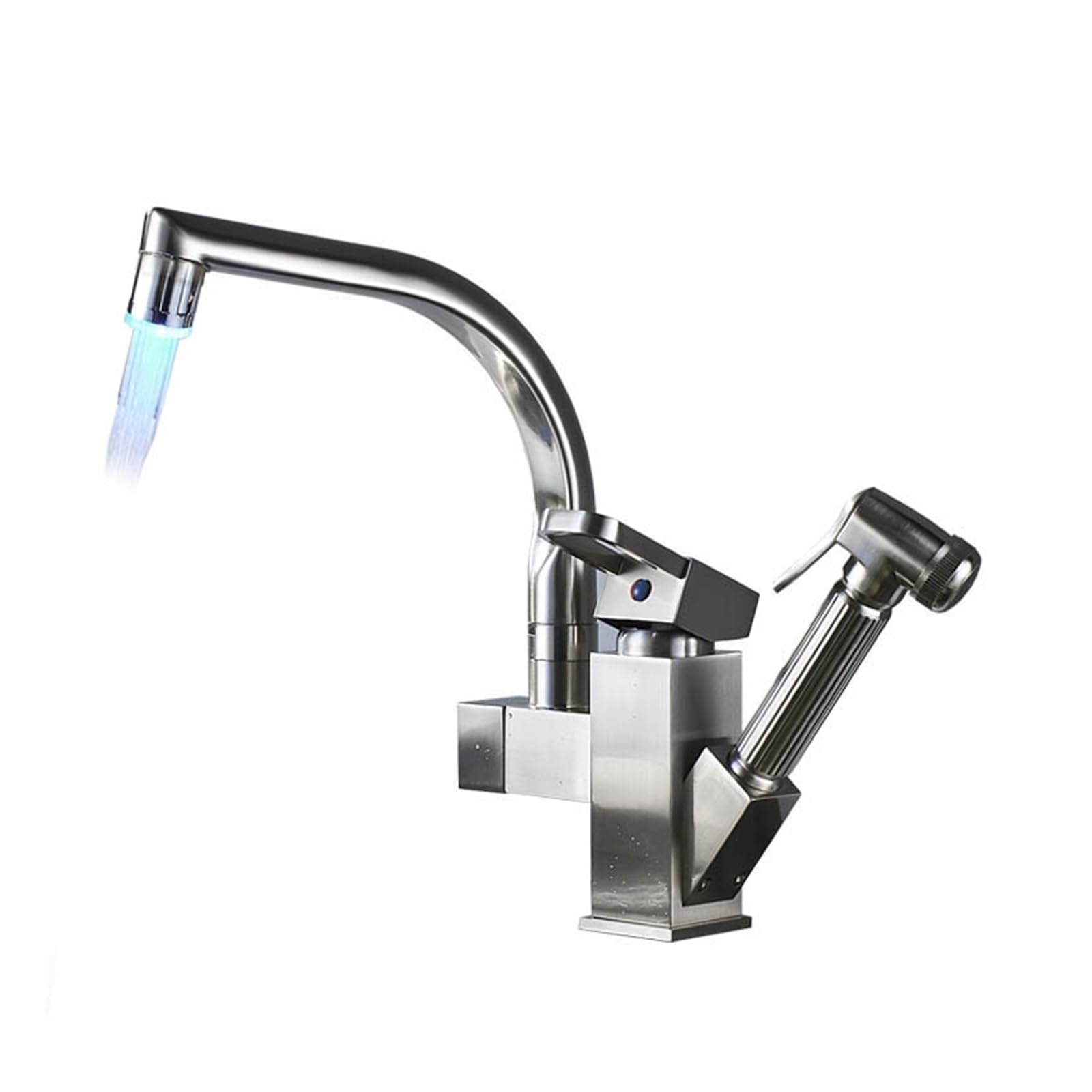 Robinet d'eau chaude et froide à douchette extractible et LED en nickel brossé pour évier cuisine