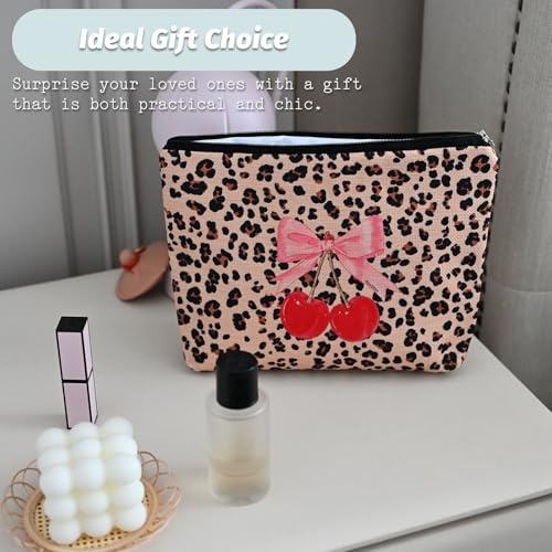 Leopard Print Cherry Makeup Bag,Cosmetic Bag for Women, Large Capacity Toiletry Bag,Zipper Pouch, Travel Accessories Storage with Lining4