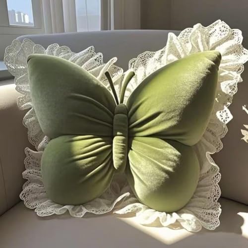 Triflice Butterfly Throw Pillow,21.6 inch Velvet Butterfly Decorative Pillow with Lace Trim,Animal Pillow for Couch Living Room Bed,Home Garden Decor (Green)
