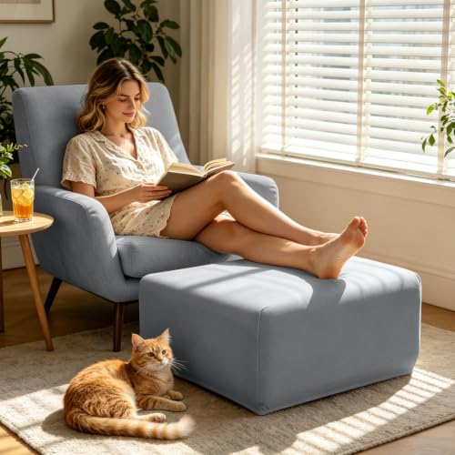 Image of YISUN Super Stretch Square Ottoman Cover - Soft Form Fit Ottoman Slipcover for Foot Stool & Folding Storage, Washable Furniture Protector with Non-Slip Elastic Bottom (L, Light Grey)