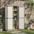 Outdoor Storage Cabinet with Shelves, Lockable Garden Shed, Wood & Plastic Weatherproof Outside Tool Cabinet for Patio, Backyard, Balcony White