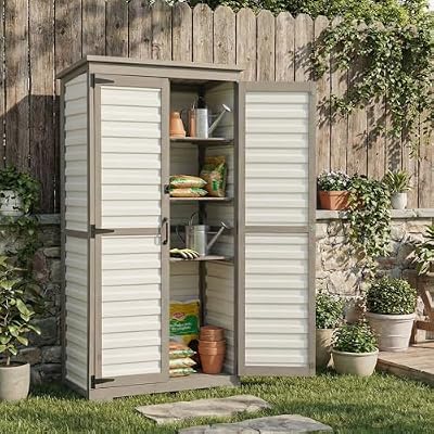 Outdoor Storage Cabinet with Shelves, Lockable Garden Shed, Wood & Plastic Weatherproof Outside Tool Cabinet for Patio, Backyard, Balcony White