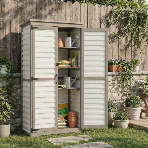 Image of PetsCosset Outdoor Storage Cabinet with Shelves, Wood & Plastic Garden Shed, Weatherproof Outside Tool Cabinet for Patio, Backyard, Pool