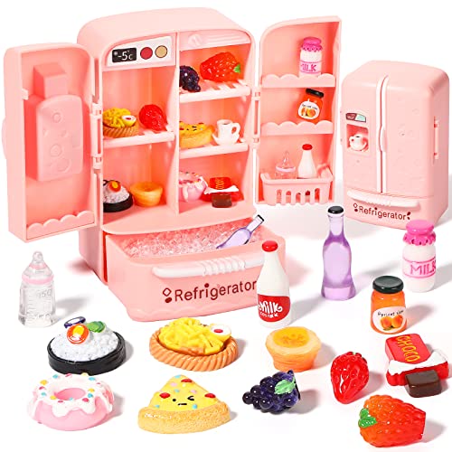 17 Pieces Dollhouse Refrigerator Mini Fridge Toy with Mini Food Set Dollhouse Kitchen Furniture Food Toys Dollhouse Miniatures Kitchen Decorations Bottles Fruits Desserts for Children