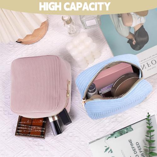 Kosmetiktasche Klein für Handtasche mit Metall Reißverschluss, Make Up Tasche Klein, Mini Schminktasche Damen, Kulturtasche Damen Travel Essentials, Tasche Cord Stoff für Kulturbeutel (Rosa)