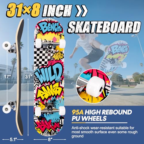Image of Skateboards for Beginners Adults Youths Teens Kids Girls Boys 31 Inch Pro Complete Skate Boards 7 Layer Canadian Maple Double Kick Concave Longboards