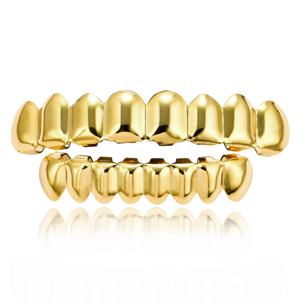 LKVLKV Silver/Gold Teeth Grillz for Men and Women, 14K Gold Plated Hip Hop Mouth Grills for Your Teeth Top & Bottom, Rapper Costume Teeth Grillz with Extra Molding Bars