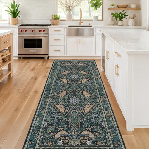 Hazo Haus Boho Vintage 2'6"x8' 8ft Hallyway Long Runner Rug - Non Slip Washable Front Door Rug Indoor Entrance, Kitchen, Bathroom, Low Pile & Soft Woodland Floral Kitchen Floor Mats