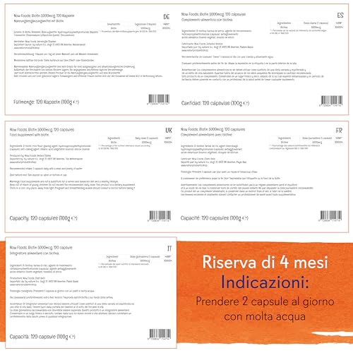 Now Foods, Biotin, 5000mcg, Vitamina B7, Alta Dose, 120 Capsule vegane, Testato in Laboratorio, Senza Glutine, Senza Soia, Vegetariano, non OGM - 5