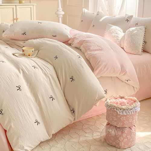 Image of Nayoroom Bow Duvet Cover Queen Size Reversible Pink Coquette Duvet Cover 3 Pieces Soft Lightweight Microfiber Kids Girls Cute Aesthetic Dorm Bedding Set, White /Pink