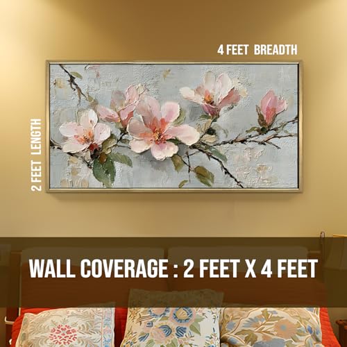 Image of PAPER PLANE DESIGN Big Size Wall Painting for Living Room Floral 2x4 Ft (A) | Long horizontal canvas for the wall above a sofa or bed, framed and ready to hang