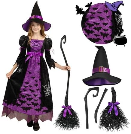 spooktacular creations witch costume for girls, toddler black purple dark witch print dress for kids halloween themed party small (5-7yr)