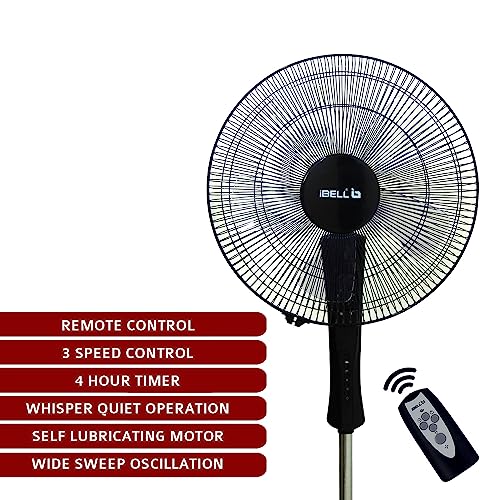 Image of IBELL WINDP10R Pedestal Fan | 5 Leaf High Airflow Design | 3 Speed Modes | Adjustable Height & Tilt | Timer Function | Wide Oscillation | 55W Powerful Floor Fan (Black)