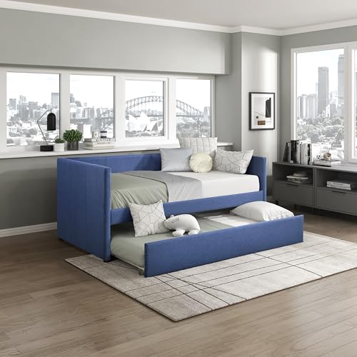 Lexicon Upholstered Daybed with Trundle, Textured Fabric Twin Day Bed Frame with Backrest and Wood Slat Support, Twin Trundle Daybed Sofa Bed for Bedroom Guest Room, No Box Spring Needed, Blue