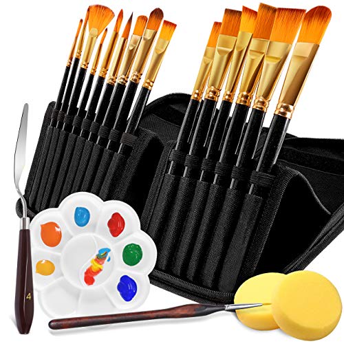 Paint Brush Set, Emooqi Set of 20 Pcs Acrylic Paint Brushes, Soft, Smooth Nylon Professional Artist Brush with Pop-up Carry Case, Palette Knife, for Acrylic, Watercolor, Gouache, Christmas Decoration