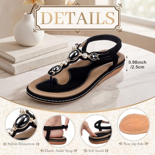 Simlakey Women's Rhinestone Sandals T-Strap Thong Flat Sandals Arch Support Bohemian Pearl Crystal Dressy Sandal Summer 2026(Black,9) by Simlakey - Used condition - Image 5