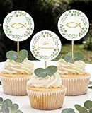 Cake Topper Kommunion, 24 Stück Fisch Eukalyptus Cupcake Torte Deko, Zur Kommunion Erstkommunion Tortendeko Junge Mädchen, Personalisiert Muffin Deko Party