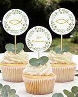 Cake Topper Kommunion, 24 Stück Fisch Eukalyptus Cupcake Torte Deko, Zur Kommunion Erstkommunion Tortendeko Junge Mädchen, Personalisiert Muffin Deko Party