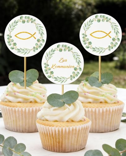 Cake Topper Kommunion, 24 Stück Fisch Eukalyptus Cupcake Torte Deko, Zur Kommunion Erstkommunion Tortendeko Junge Mädchen, Personalisiert Muffin Deko Party