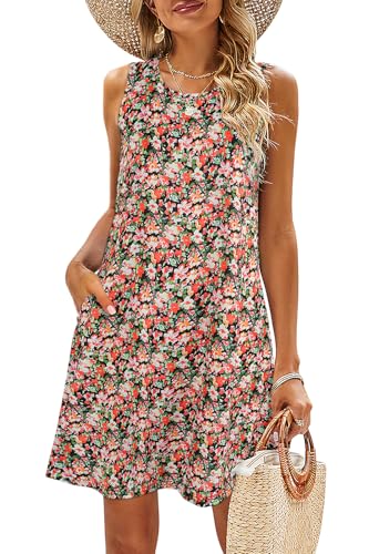 Image of SimpleFun Summer Dresses for Women Beach Floral Tshirt Sundress Casual Pockets Boho Tank Dress