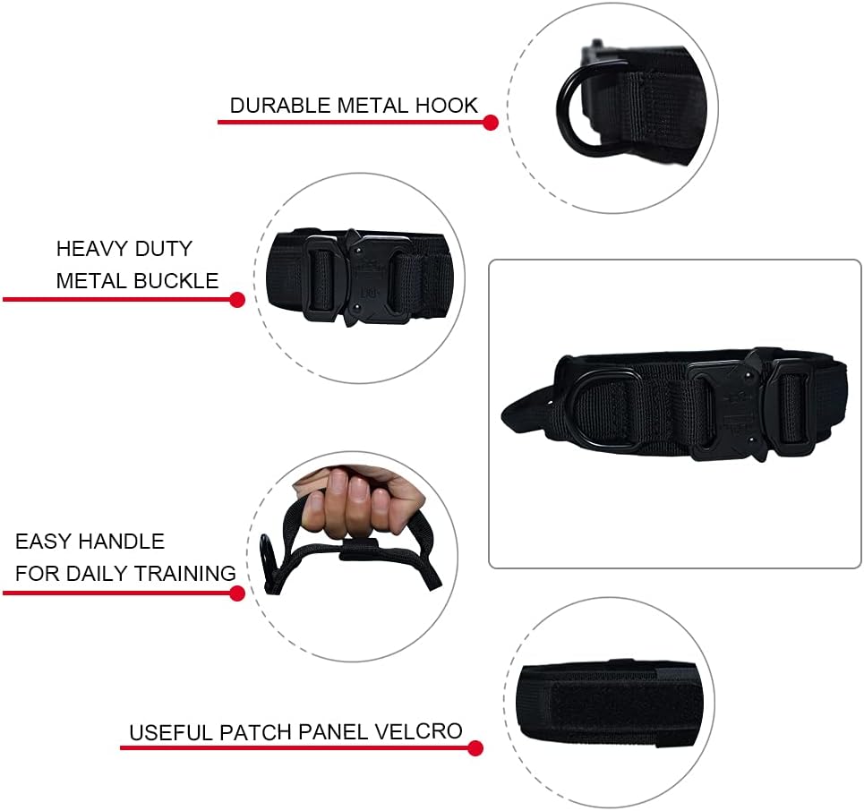 Tactical Dog Collar Military Dog Collar Adjustable Nylon Dog Collar Heavy Duty Metal Buckle with Handle for Dog Training (Black, M) : Pet Supplies