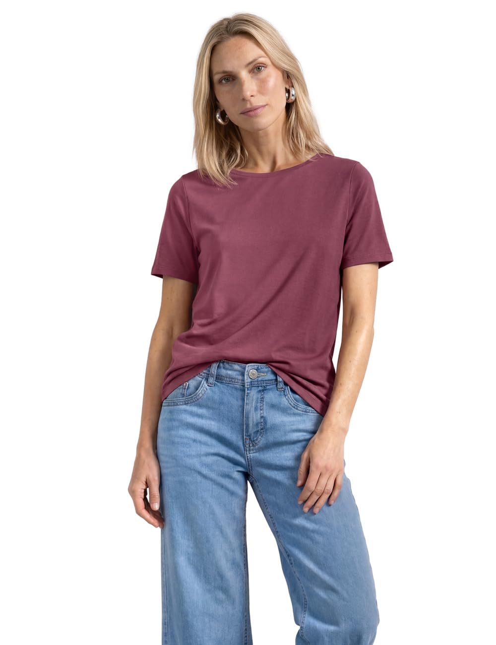 Street One Basic T-Shirt with Crew Neck in Plain Colour Dark Clouded Blush 46