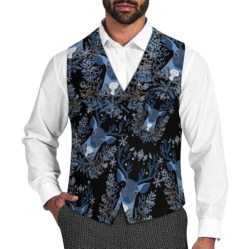 Blue Snowflake Deer Trendy Vest Suit for Men V Neck Formal Dress Waistcoat Vests Business Slim Fit