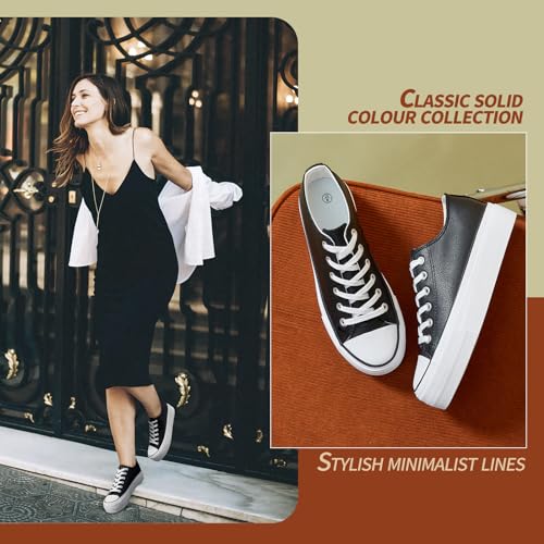 Rominz Women's White Platform Sneakers PU Leather Platform Shoes Classic Black Low Top Sneakers Casual Walking Shoes for Women3