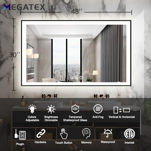 48x30 Lighted Mirrors for Bathroom Wall, Modern Rectangle Matte Black Mirror, Tempered Glass,Double Lights, 3 Colors Dimmable Temperature, IP54 Enhanced Anti-Fog, Memory (Horizontal/Vertical)