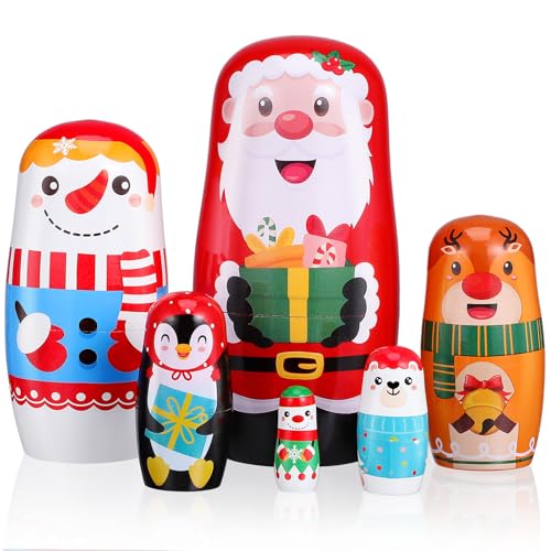 DEARMAMY 6PCS Russian Nesting Dolls Wooden Handmade Matryoshka Dolls for Children Cute Cartoon Nesting Dolls for Snowman Santa Claus Theme Christmas