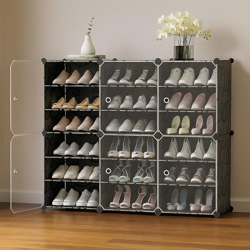 Image of Zemic Multiuse Modular Plastic Shoe Rack for Home with Door | 𝟏𝟖 𝐒𝐡𝐞𝐥𝐟 Stackable Organizer | Waterproof & Dustproof | Space Saving Storage for Home, Bedroom & Entryway【Black, 6-Door-18-Shelf】