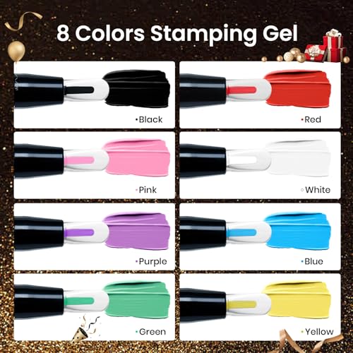 Image of Beetles Nail Stamp Gel 16Pcs French Tip Nail Stamp Kit with 8 Colors Stamper Gel Polish, 5 Nails Stamping Templates, Scrapers, Liquid Latex & Short Silicone Stamper Gift for Women