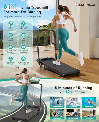 Image of Foldable Treadmill with 12% Incline, 6 in 1 Folding Treadmill with Handle Bar for Home /Office,Under Desk Treadmills Portable Walking Pad with App, Upgrade 3.5HP Low Noise,Remote Control & LED Display
