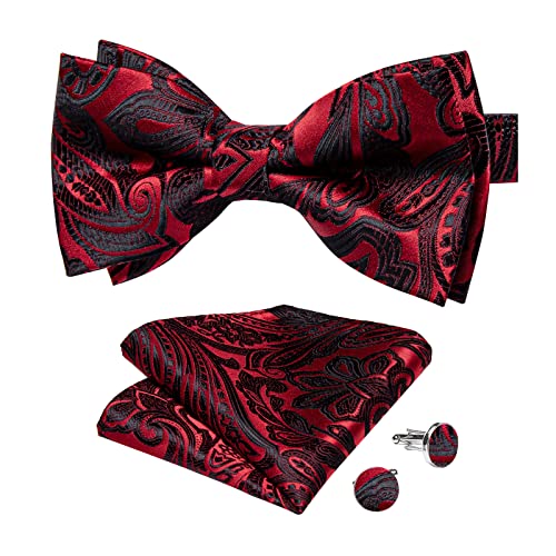 Image of DiBanGu Paisley Pre-Tied Bow Ties for Men Silk Adjustable Bowtie and Pocket Square Cufflinks for Wedding Party