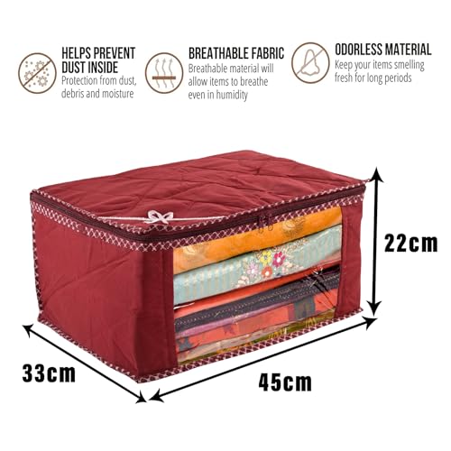 Image of Kuber Industries Saree Cover | Clothes Storage Bag | Wardrobe Organiser for Suit | Zip Closure & Transparent Window Saree Cover | Bow Dot Border-Design | 9 inch | Pack of 3 | Maroon