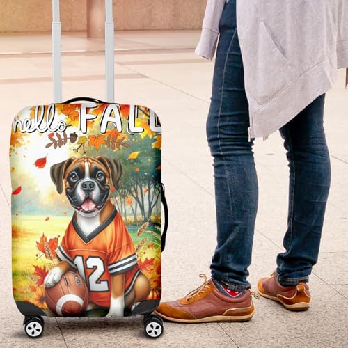 Hello Fall Boxer Football Welcome Autumn with Leaves Pumpkins Travel Luggage Cover Boxers Dog Lover Gifts Idea Suitcase Dust Protective Decor - 000124