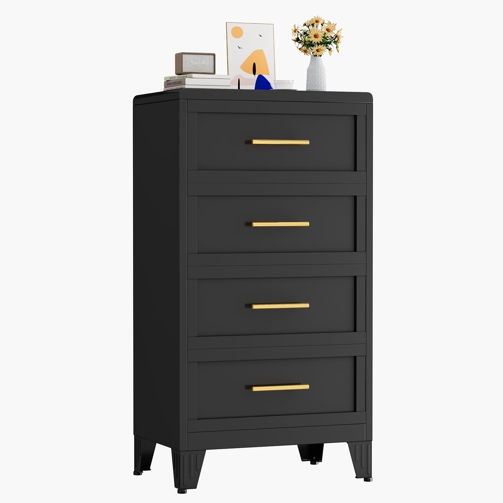 KAIFAM Metal Dresser for Bedroom Tall, Black Dressers & Chest of Drawers, 4 Drawer Dresser with Curved Corner, Storage Cabinet with Drawers for Living