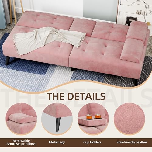 Image of Shintenchi Futon Sofa Bed, Velvet Foldable Couch, Reclining Sleeper with Removable Armrests, Upholstered Loveseat Sofa Couch with Folding Cup Holders for Home, Office, Pink