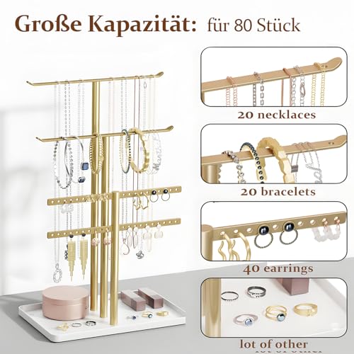 Schmuck Organizers, Schmuckständer 32cm Groß, 4 Ebenen Robust Schmuckaufbewahrung Reise, Schmuckschrank für Halskette, Armband, Parfüm und Ohrringe, Deko Aesthetic Accessoires, Gold/Weiß – Bild 2