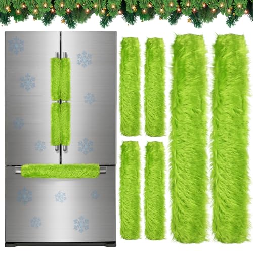 HunnmingRe 6 Pieces Christmas Fridge Handle Covers Lime Green Furry Kitchen Appliance Covers Set Faux Fur Refrigerator Christmas Cabinet Knob Covers Protector for Kitchen Christmas Decorations