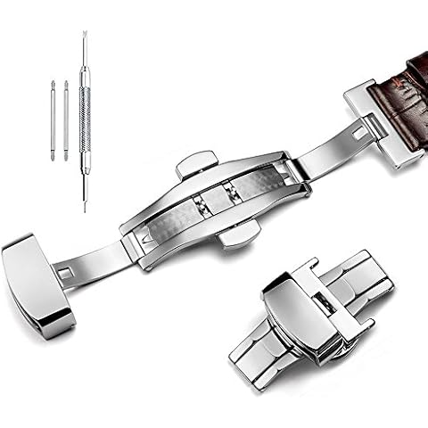 NIBD Stainless Steel Deployment Clasp Push Button Butterfly Folding Strap Buckle Replacement for Leather Watch Bands(14mm,16mm,18mm,20mm,22mm) (16mm, Fish Scale Pattern) Cover