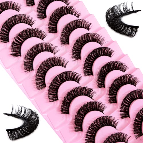 False Eyelashes Russian Strip Lashes D Curl Fluffy Wispy 10 Pairs Reusable Natural Look Faux Mink Volume Fake Handmade Thick Soft Long Dramatic Eyelashes(DH0603)