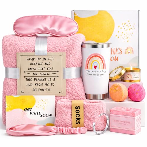 Get Well Soon Care Package for Women, 12 Pcs Deluxe Self-Care Gift Box with Pink Cozy...