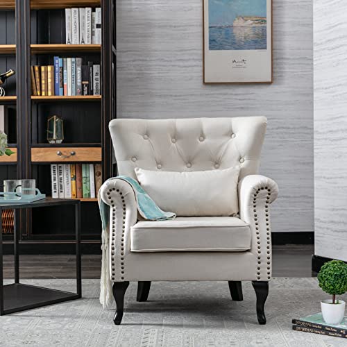 Accent-Reading-Arm-Chairs-Set-of-2-for-Living-Room-Bedroom-Midcentury-Modern-Comfy-Corner-Sofa-Chair-Wingback-Waiting-Room-Club-Chair-with-Button-Tufted-Back-Lumbar-Pillow-Linen-Beige Accent Reading Arm Chairs Set of 2 for Living Room Bedroom Midcentury Modern Comfy Corner Sofa Chair Wingback Waiting Room Club Chair with Button Tufted Back Lumbar Pillow Linen Beige