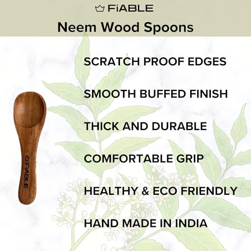 Image of FiABLE Pure Neem Wood Small Spice Spoons | Spoon for Pickle| Masala Spoon | Unpolished Multipurpose Set of 8 Spoons | Naturally Antimicrobial - Small Spoon Set of 8