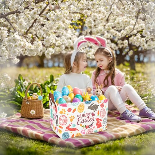 Image of Easter Basket for Kid Large Empty Rectangular Cute Easter Gift Storage Basket Bunny Eggs Decor (Rabbit Bohemia)